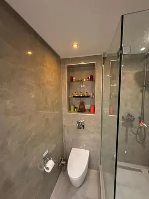 a bathroom with a toilet and a shower at Authentic Apartment Riad Style in Gueliz for Family in Marrakech