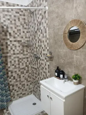 a bathroom with a shower and a sink and a mirror at Charming Marrakech apartment in Marrakech