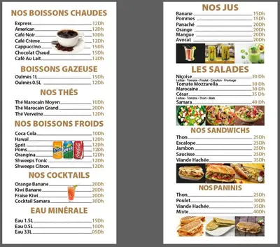 a menu of the noos dominoes restaurant at big house with swiming pool in Marrakech