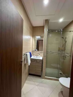 a bathroom with a shower and a sink and a toilet at Appartement raffiné avec piscine au centre ville in Marrakech