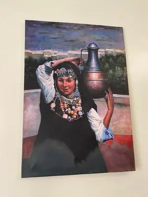 a painting of a woman with a pot on her head at Spacieux & confortable, parfait pour familles ou séjours tranquilles in Marrakech