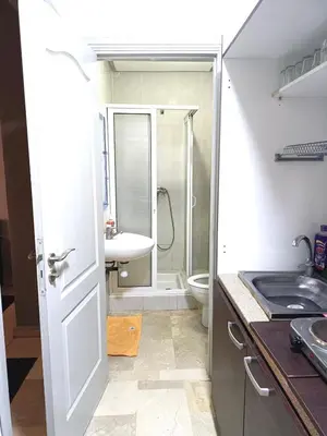 a bathroom with a shower and a toilet and a sink at Family apartment 22 in Marrakech