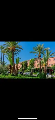 a group of palm trees in front of a building at Riad abdel in Marrakech