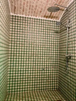a shower in a bathroom with a tiled wall at Riad Numidia in Marrakech