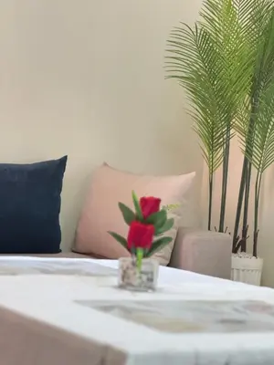 a vase with a red flower sitting on a bed at Airport Apartment 5 minutes walk, perfect for Early & Late Flights in Marrakech