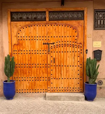 a wooden door with two cactuses in front of it at Riad Le Soleil de Bahia in Marrakech