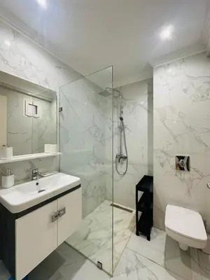 a bathroom with a shower and a sink and a toilet at Elegant 2 Bedrooms with Pool & Wi-Fi Marrakech in Marrakech