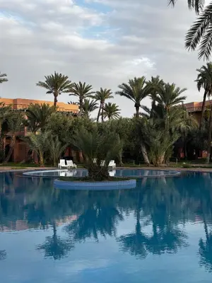 a swimming pool with palm trees and blue water at 2 bedroom palmeraie, pools & 3 terraces in Marrakech