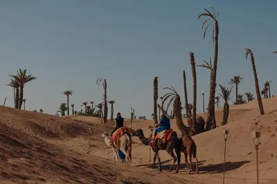 two people are riding camels in the desert at Palmeraie Oasis Camp - A member of Barcelo Hotel Group in Marrakech