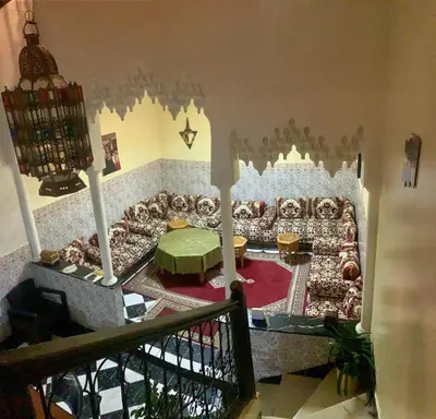 an aerial view of a living room with a couch at Maison majid in Marrakech