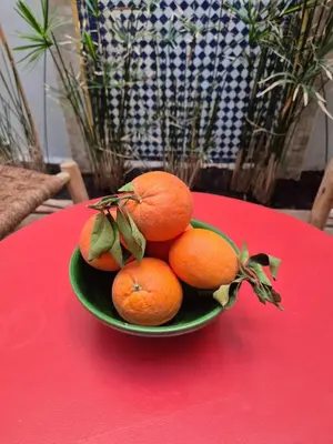 a green bowl of oranges on a red table at RIAD AWEL - 3 chambres & jacuzzi au coeur de la Medina in Marrakech