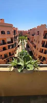 a balcony with a potted plant on a ledge at Modern 2BR, Pool Access, Fast Wi-Fi in Marrakech