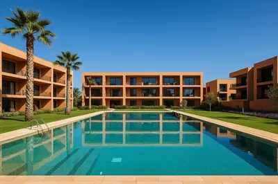 a swimming pool in front of a building at Noria Golf - séjour chic et zen à Marrakech in Marrakech