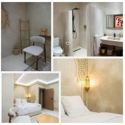 a collage of pictures of a bathroom with a bed and a sink at Suite Dune - Confort et Elegance in Marrakech