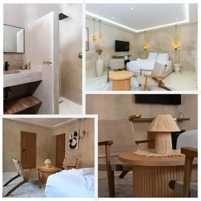 a collage of four pictures of a hotel room at Suite Oasis - cosy et moderne in Marrakech