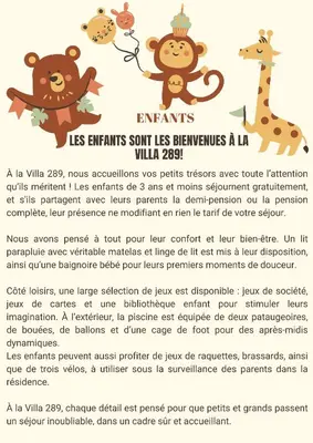 a page of a flyer with illustrations of animals at Villa 289- Charme Balinais in Marrakech