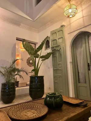 two potted plants sitting on a table in a room at Riad Akhdar Kasbah Breakfast included in Marrakech