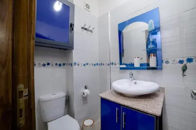 a bathroom with a sink and a toilet and a mirror at Charming and quiet apartment 1 in Marrakech