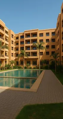 a large building with a swimming pool in front of it at Appartement moderne Piscine, Wifi fibre, parking in Marrakech