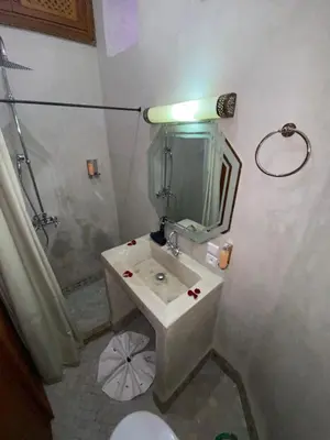 a bathroom with a sink and a shower at Riad Bab Yacout & SPA in Marrakech