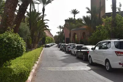 a row of cars parked on a street with palm trees at Riad Zaitone 146 in Marrakech