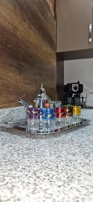 a tray of cups on a counter in a kitchen at Elegant & Chic Retreat, Pool, Prime Location in Marrakech