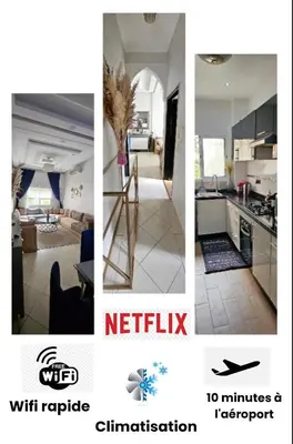 a collage of pictures of a kitchen and a living room at Cozy Apartment Marrakech Airport in Marrakech