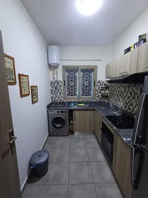 a small kitchen with a washer and dryer in it at Cosy 2-bedroom apt in Ourika Route in Marrakech