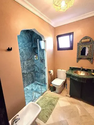 a bathroom with a shower and a toilet and a sink at L'ECRIN de la PALMERAIE in Dar Caïd Layadi