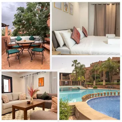 a collage of photos of a hotel room with a pool at Agdal Prestige in Marrakech
