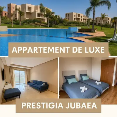a collage of two pictures of a bedroom and a villa at Appartement prestigia Marrakech in Marrakech