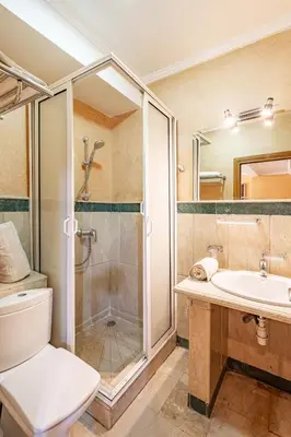 a bathroom with a shower and a toilet and a sink at Wintering I Authentic Accommodation I Pool in Marrakech