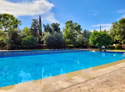 a swimming pool with blue water and trees at 2 - Bed Apartment with Garden & shared Pool - Moroccan - Modern Style in Marrakech