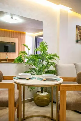 a table with a plant in a living room at AYLAL Marrakech in Marrakech