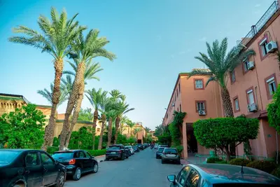 a street lined with palm trees and parked cars at Riad Palm and Pool 2 in Marrakech
