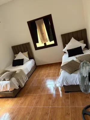 two beds in a room with a mirror and a fan at L ÉdenS in Marrakech