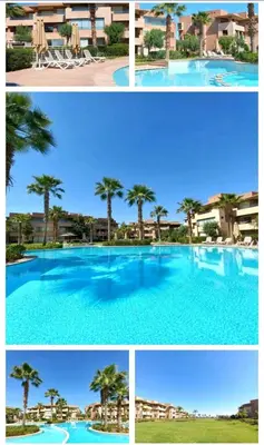 a collage of four pictures of a large swimming pool at Appartement prestigia golf in Marrakech