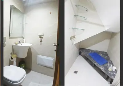 two pictures of a bathroom with a toilet and a sink at duplex prestige Gueliz in Marrakech