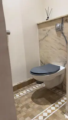 a toilet with a blue seat in a bathroom at Appart villa de luxe avec 5 piscines in Marrakech