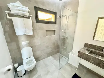 a bathroom with a shower and a toilet and a sink at Villa exclusive Ourika piscine sans vis-à-vis in Segraga
