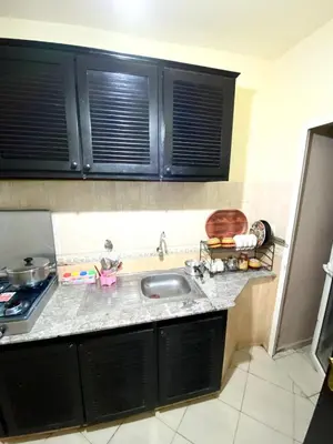 a kitchen with black cabinets and a sink at Bright Modern Apartment Marrakech City Center, Walk Everywhere in Marrakech