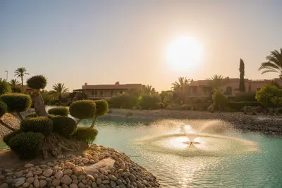 a swimming pool with a fountain in the middle of a resort at Palmeraie Stay - Pool & Lake in Marrakech