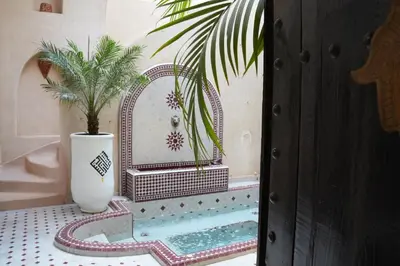 a bathroom with a mirror and a potted plant at Maristan Aicha Marrakech in Marrakech