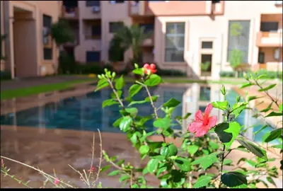 a plant with a red flower next to a swimming pool at Appartement neuf et moderne Marrakech in Marrakech