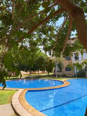 a large blue swimming pool with a tree at Lux appartement avec piscine in Marrakech