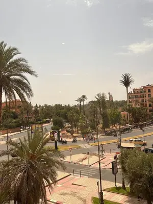 a city street with palm trees in a city at Central nest romantic stay in Marrakech