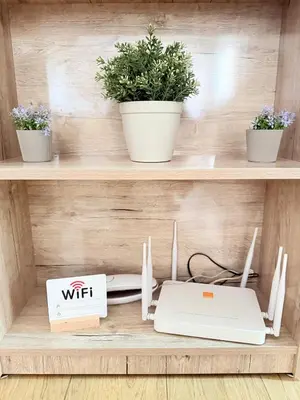 a wooden shelf with two computers and plants on it at Full Moon Marrakech in Marrakech