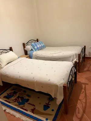 three twin beds in a room with a rug at The cozy Den in Marrakech