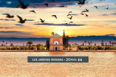 a church in the middle of a body of water with birds at Un Appartement d'exception in Marrakech