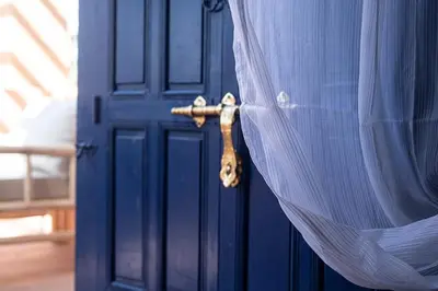 a blue door with a wooden handle and a curtain at Palmeraie Tradition and Modernity in Marrakech